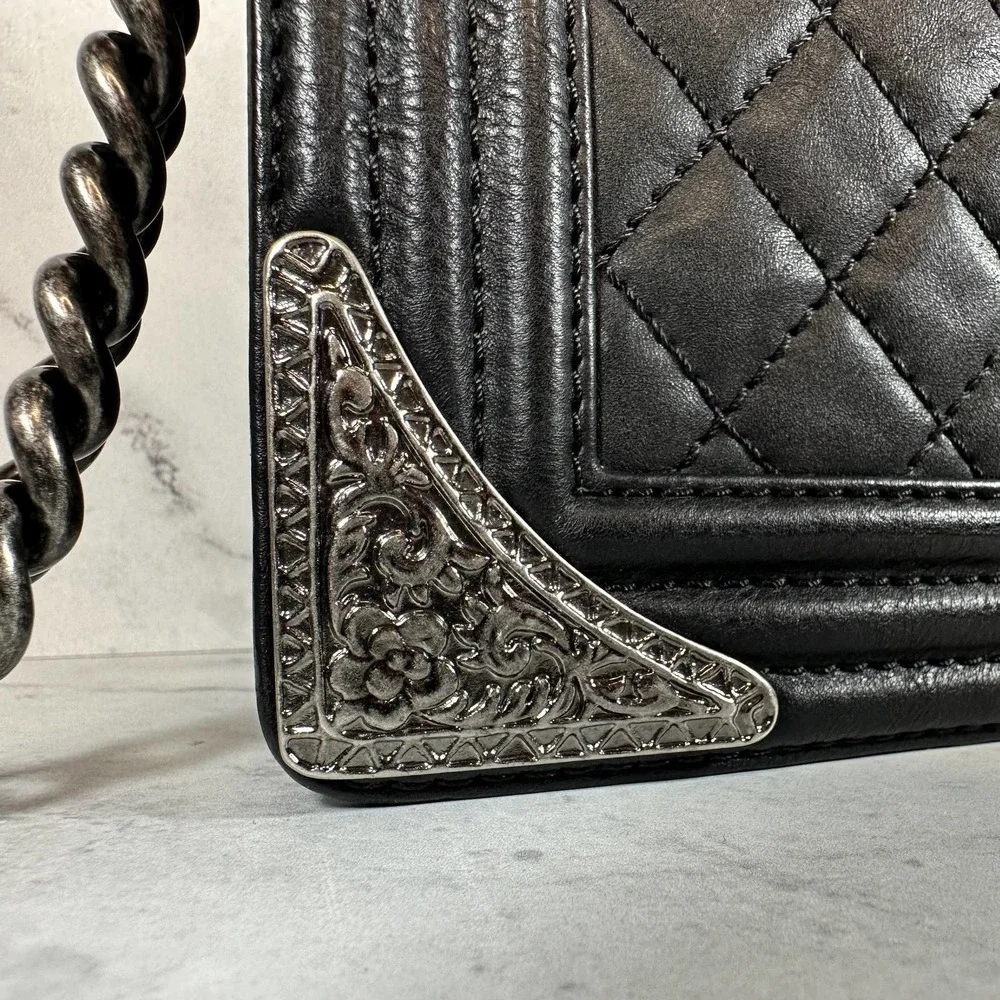 ❌❌ Chanel Boy Bag Metal Old Medium Classic Quilted Black Flap CC Leboy Calfskin - Picture 7 of 16